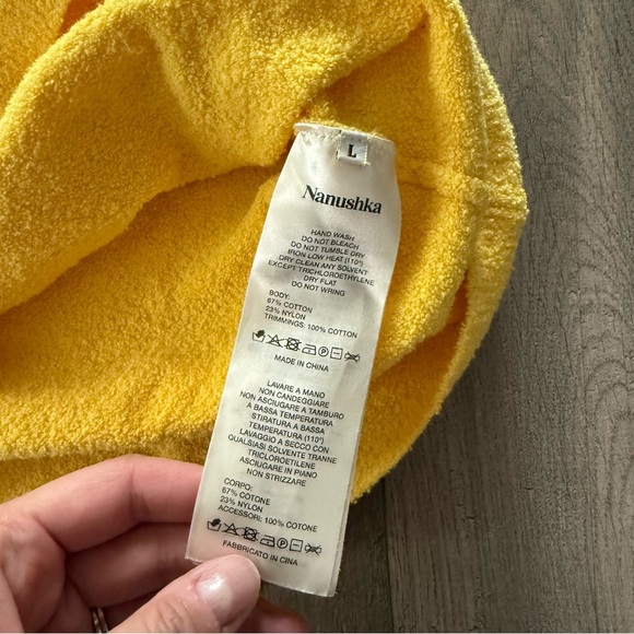 Nanushka Ceto Sunflower Yellow Terry Mix One Shoulder Wrap Sweater - Picture 4 of 6